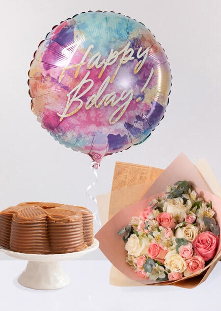 Kit Cumplea&ntilde;ero con Pastel de Cajeta, Ramo de Rosas y Globo Happy bday!