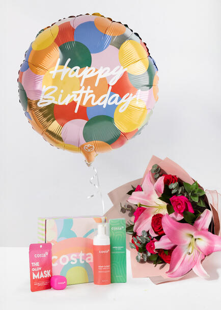 Kit Cumplea&ntilde;os: Rosas Rojas, Kit Skincare y Globo