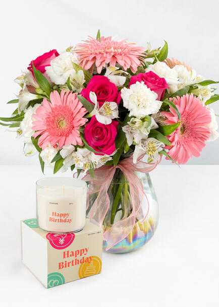 Kit Vela "Happy Birthday" con Arreglo de Gerberas y Rosas 