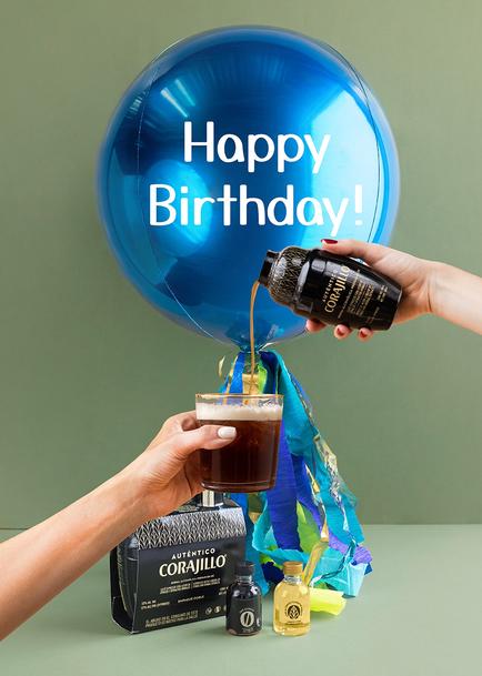 Globo Esfera Azul "Happy Birthday" y Auténtico Corajillo