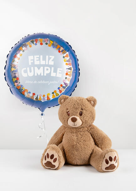 Oso de Peluche 30 cm y Globo "Feliz Cumple"
