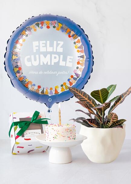 Pastel Cumplea&ntilde;os con Planta y Globo