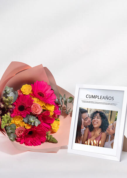Personaliza Marco Blanco "Cumpleaños " con Ramo de Gerberas 