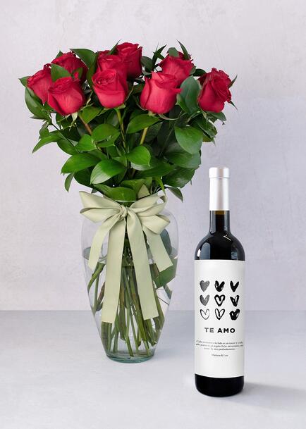 Personaliza Vino 3V "Te amo" con 12 rosas rojas