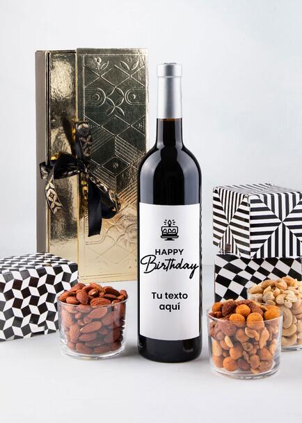 Personaliza Vino tinto con etiqueta "Happy birthday" y botanas