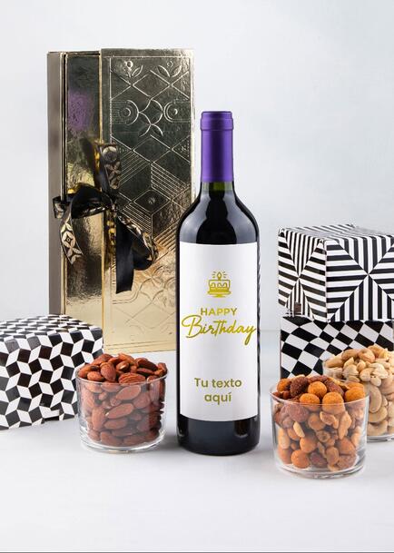 Personaliza Vino tinto con etiqueta "Happy birthday" y botanas