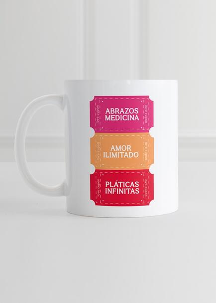 Personaliza taza dise&ntilde;o "Abrazos, Amor y Pl&aacute;ticas" 15oz