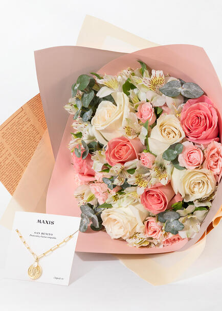Pulsera San Benito Maxis con Ramo de Rosa Hermosa y Rosa Blanca