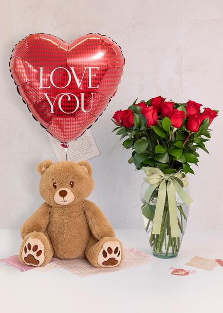 12 Rosas Rojas con Oso Peluche y Globo
