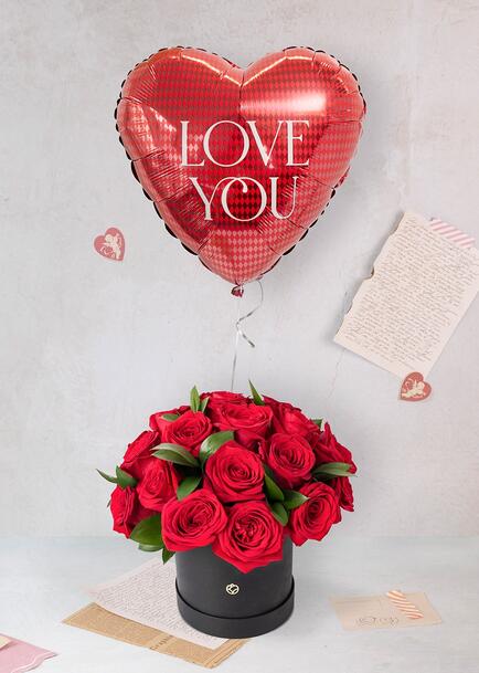 Rosas Rojas en Caja con Globo