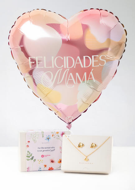 Set Collar y Aretes "Orqu&iacute;dea" con Globo "Felicidades Mam&aacute;"