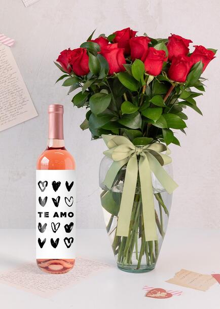 Vino Beringer  "Te amo" con 12 rosas rojas