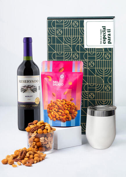Vino Merlot con Botanas y Termo Blanco Personalizado