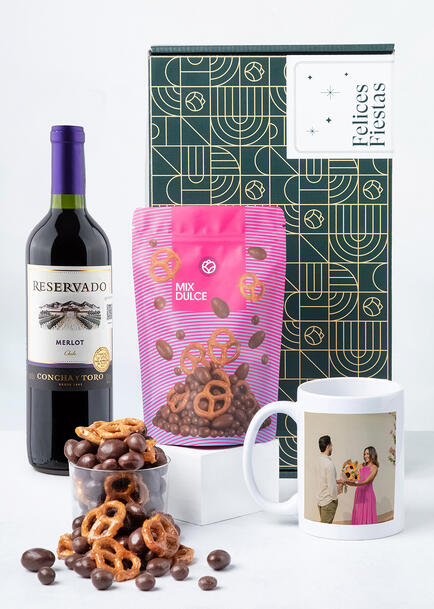 Vino Merlot con Taza y Bolsa Mix Dulce EF Felices Fiestas