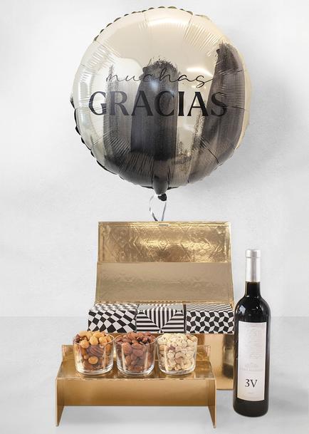 Vino Tinto con Botanas y Globo "Gracias"