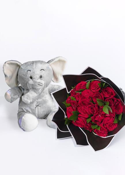 Peluche Elefante con 24 Rosas Rojas