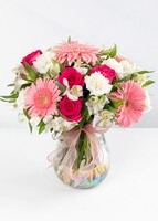 5 gerberas y rosas en jarrón tornasol