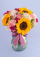 Imagen preview para Girasoles y mini rosa rosa en jarrón tornasol - 1