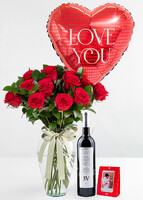 Imagen preview para Kit 12 Rosas Rojas, Vino,Globo y Polaroid - 1